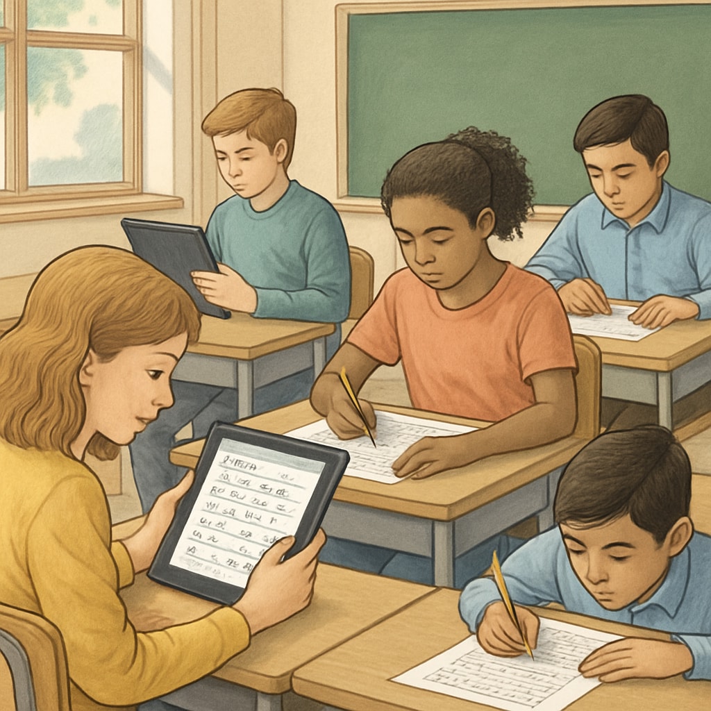 Students taking a test in a classroom using tablets.