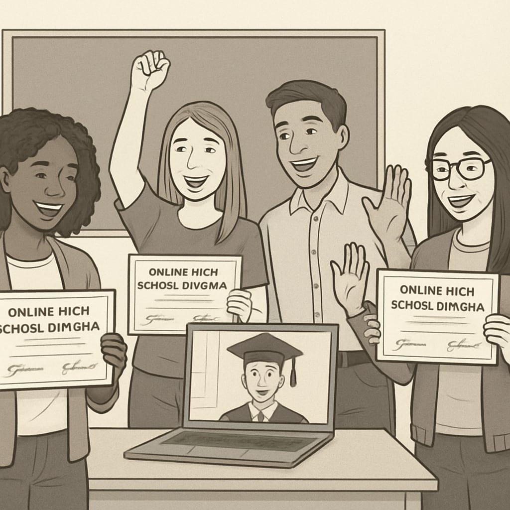 Group of students with online high school diplomas.