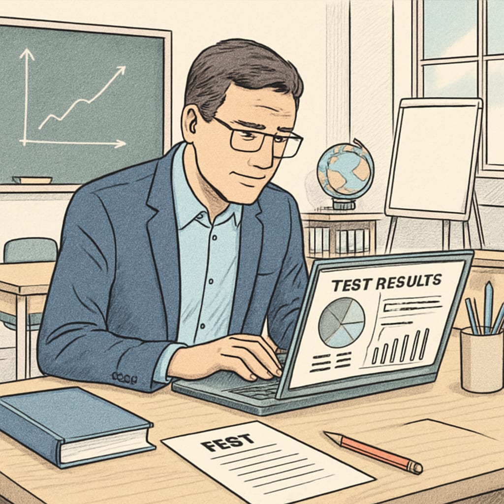 Teacher reviewing test results on a laptop in a classroom.