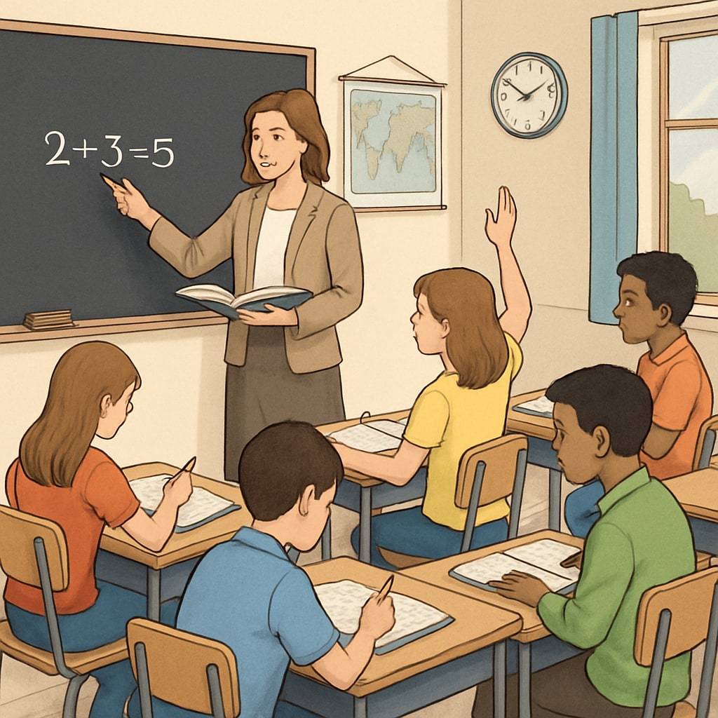 Structured learning classroom with teacher and students.