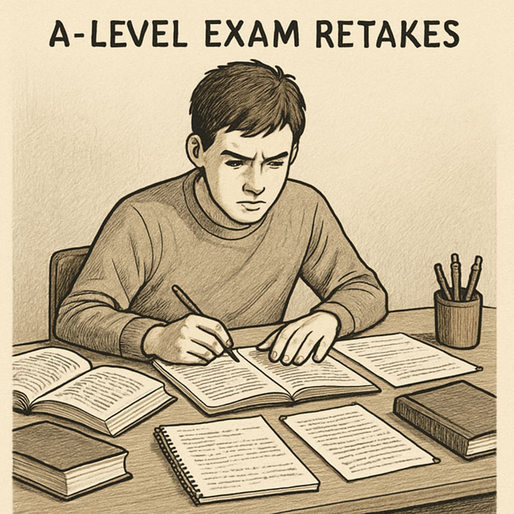 A-level exam preparation with student studying at desk.