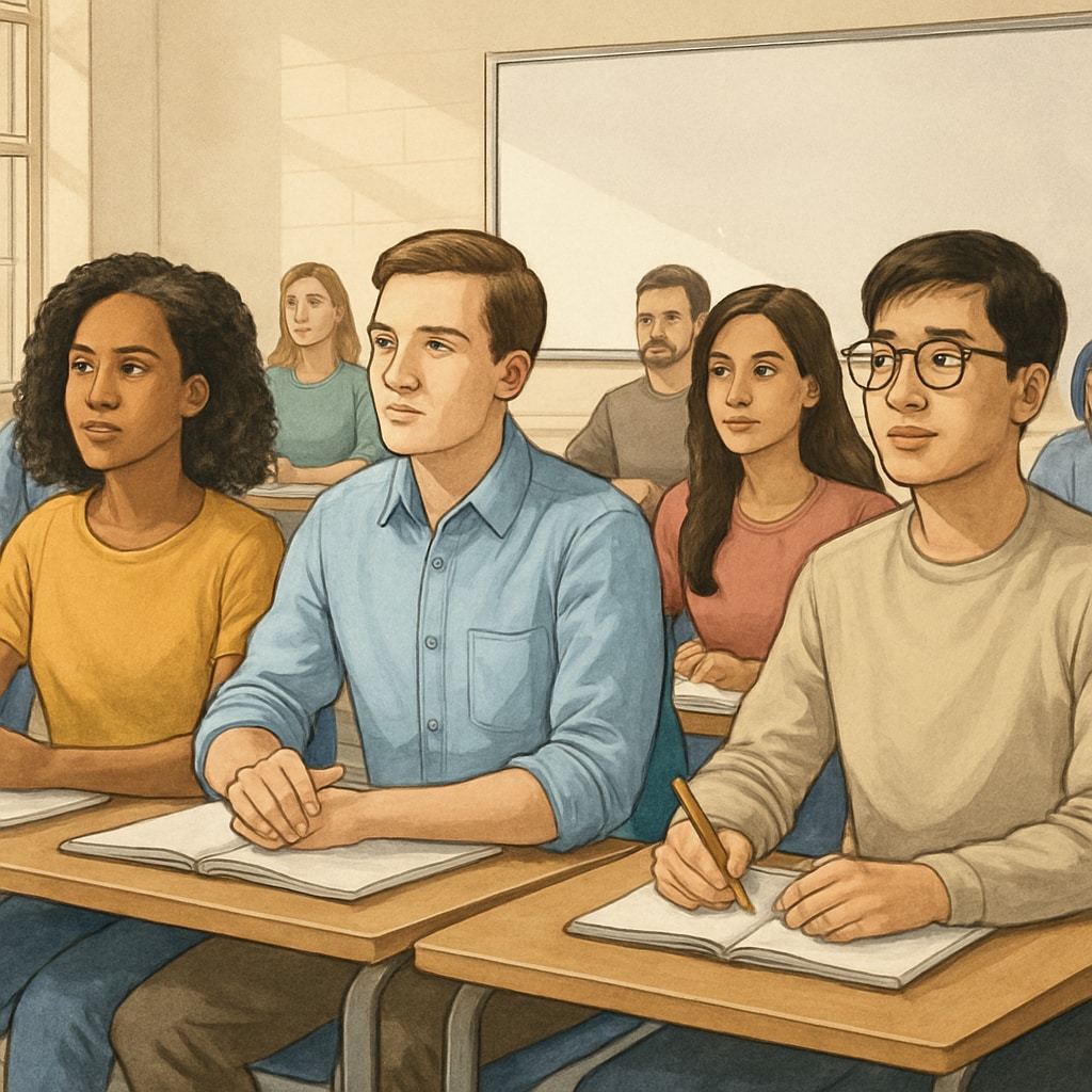 Students sitting in a lecture hall at a local university.