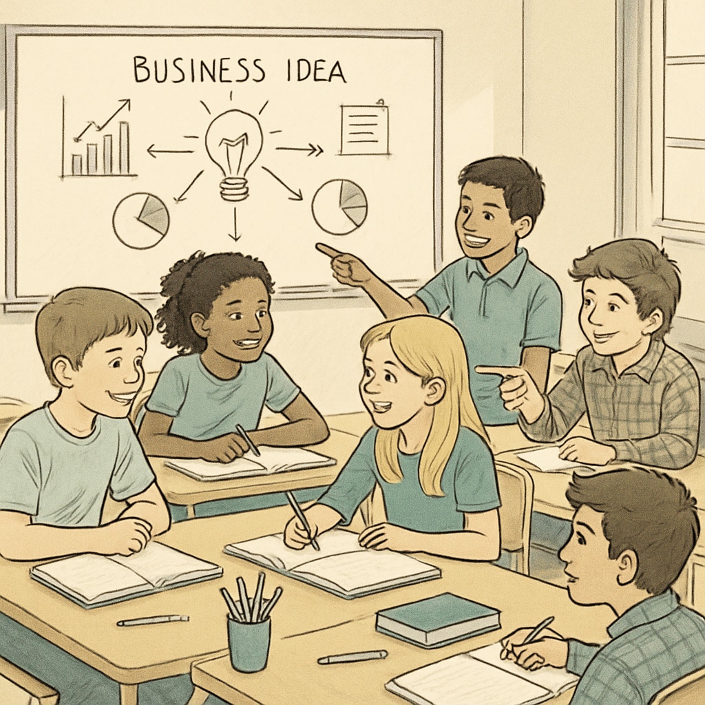 Children brainstorming business ideas as part of a business education program.