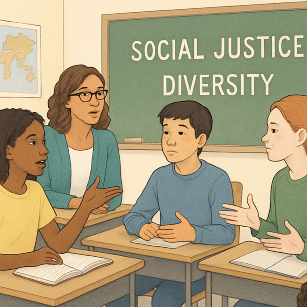 Students discussing social justice and diversity in a classroom setting.