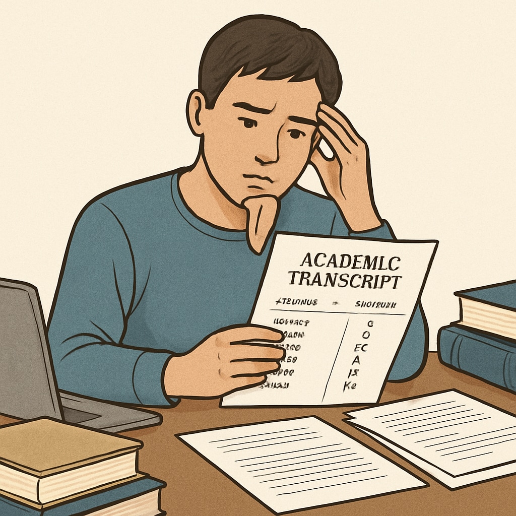 Student reviewing transcript for Harvard admissions, CALM course, grades.