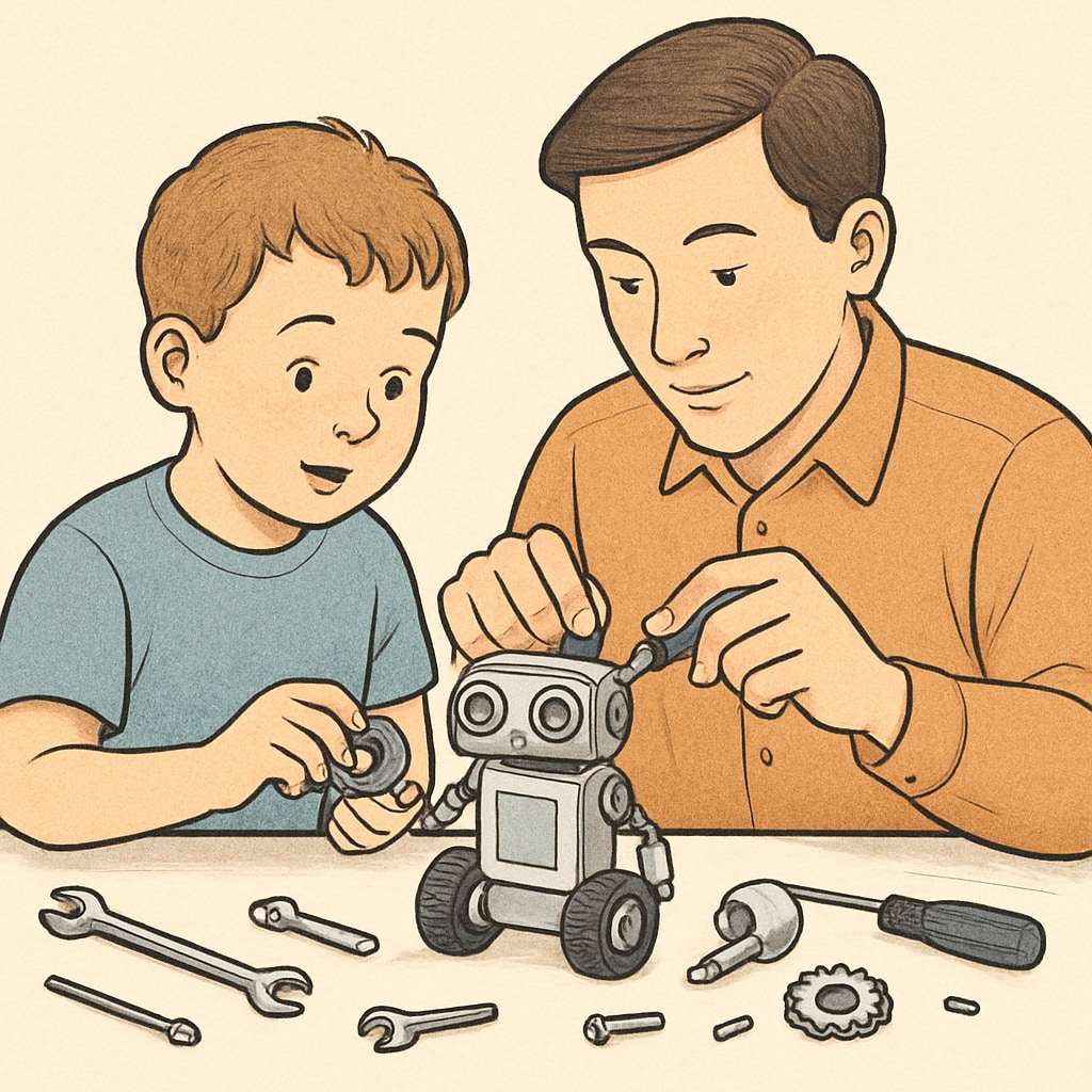 A child assembling a robot with parental guidance, highlighting creativity education.