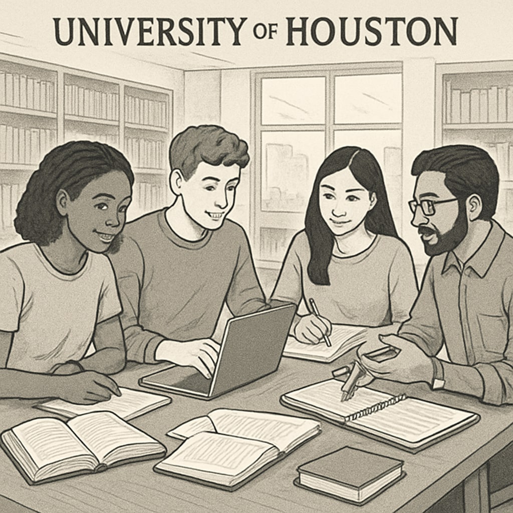 Students collaborating in a study group at the University of Houston library
