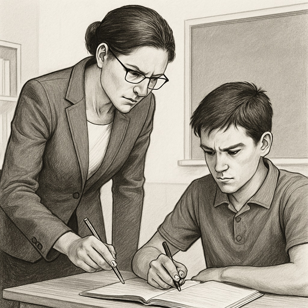 Teacher guiding a student in a rigorous educational environment.