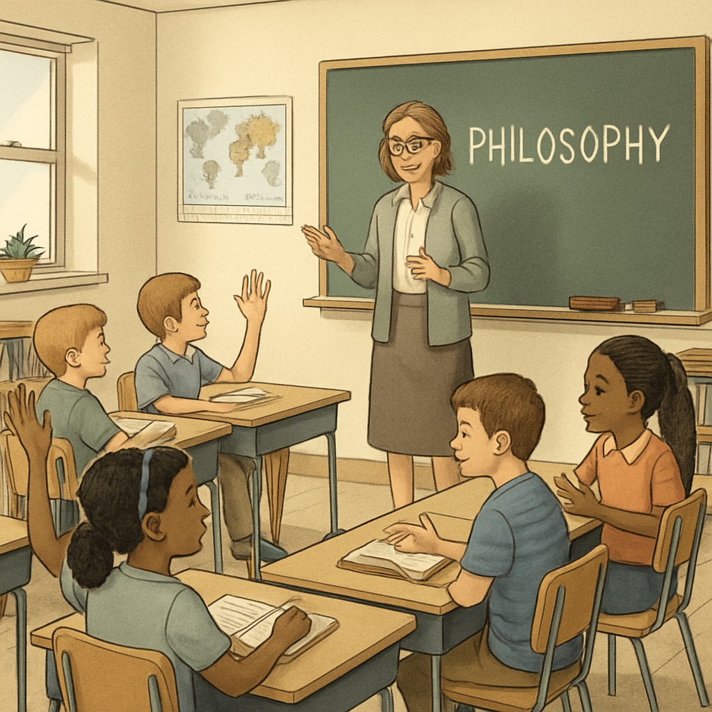 Students and teacher discussing philosophy concepts in a classroom environment.