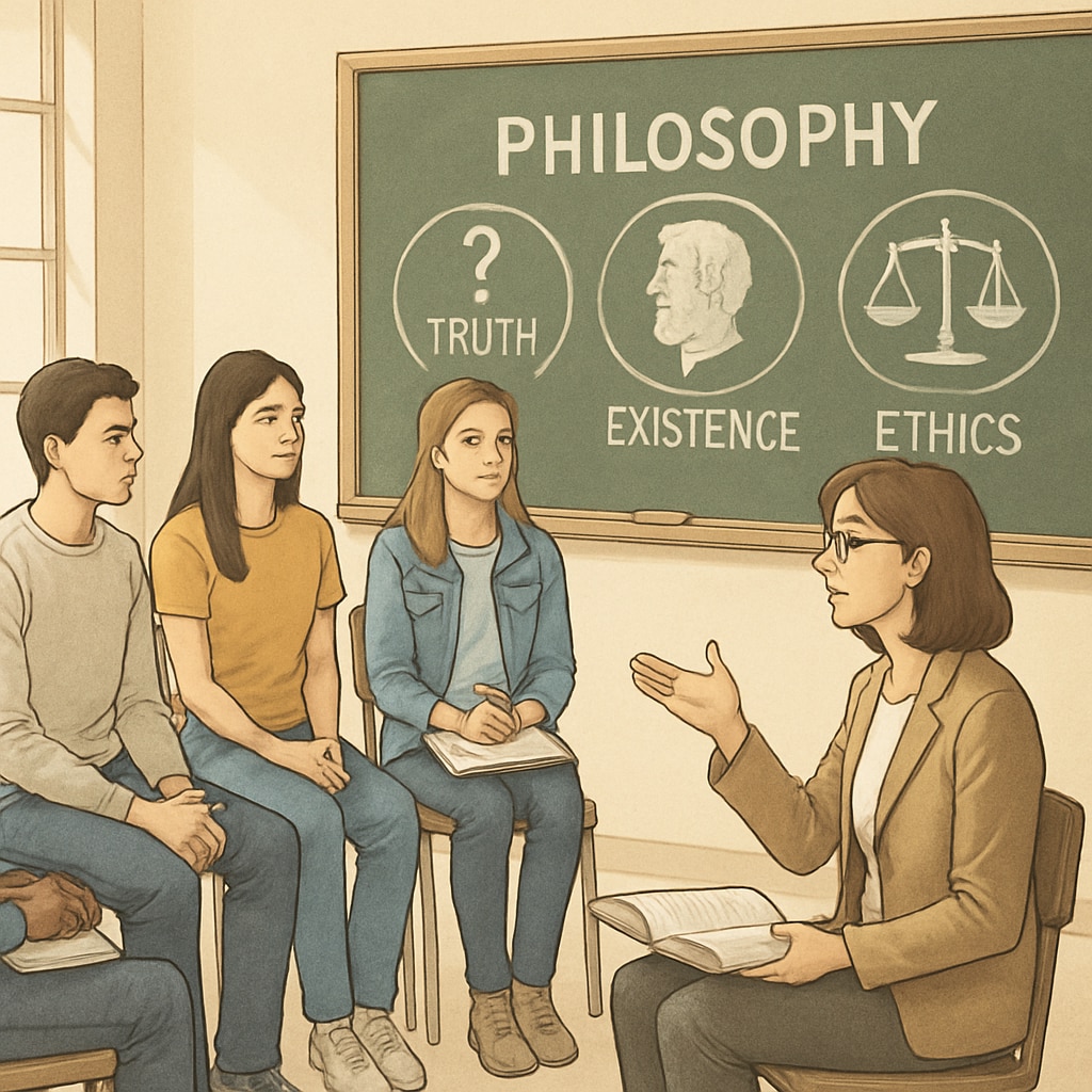 Teacher leading a philosophy discussion with high school students.
