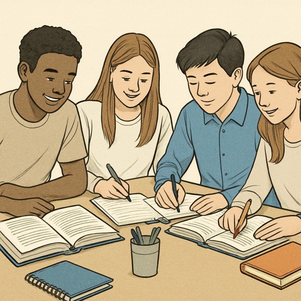 A group of teenagers working together, representing teamwork and the benefits of returning to education.