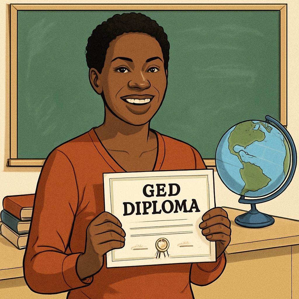 Adult student with GED diploma, symbolizing adult education opportunities.
