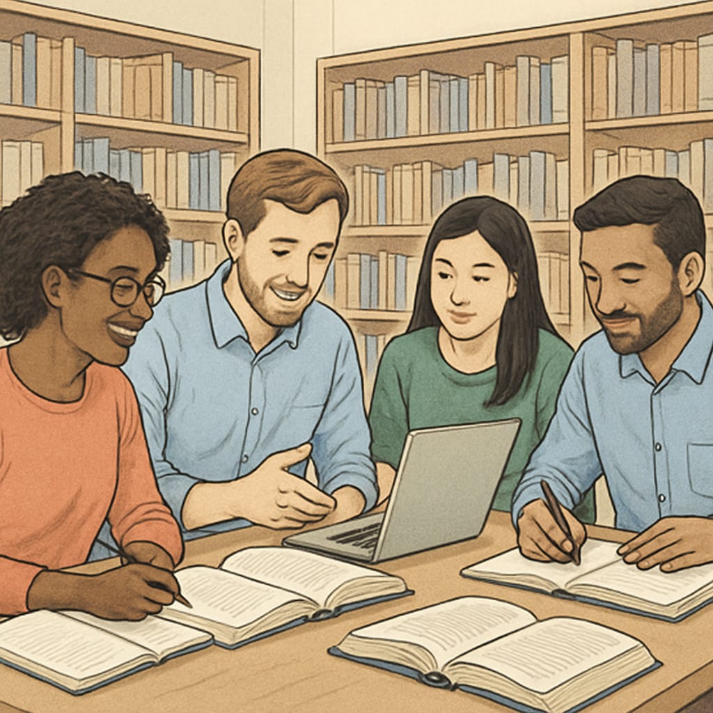 Adult learners studying in a library, representing GED holders entering universities.