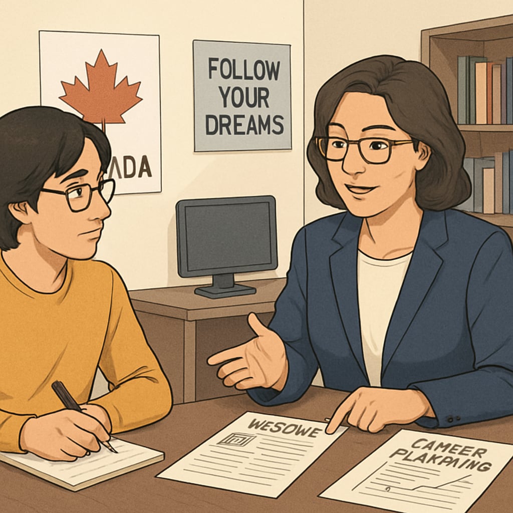 Canadian career advisor helping a student with resume preparation.