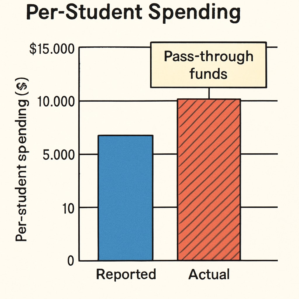 Chart showing how pass-through funds distort per-student spending data in school budgets.