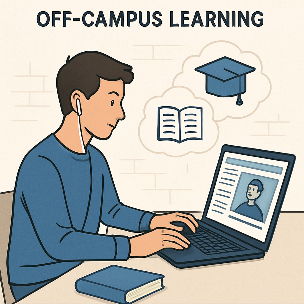 A high school student engaged in online learning as part of off-campus education courses.