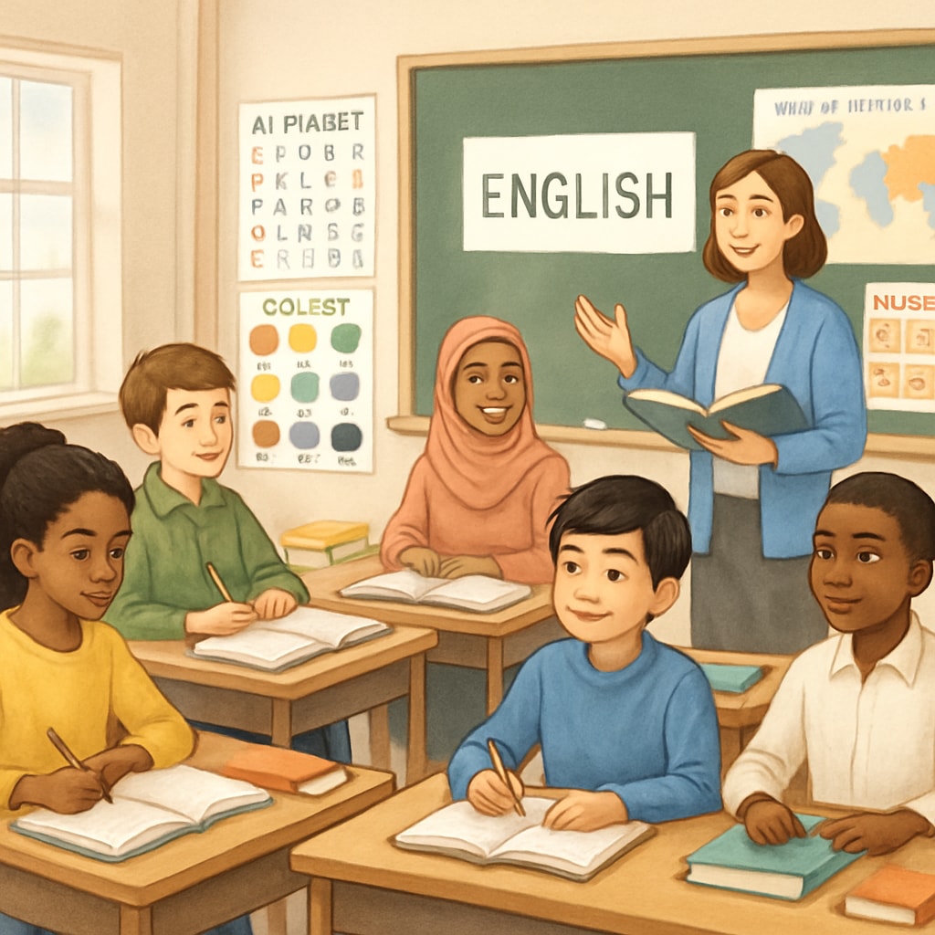 Diverse students in a classroom adapting to an English-speaking learning environment.
