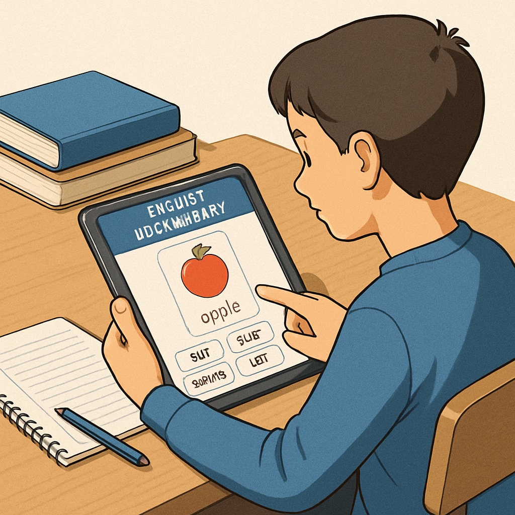 A student using a digital app to study English vocabulary for academic adaptation.