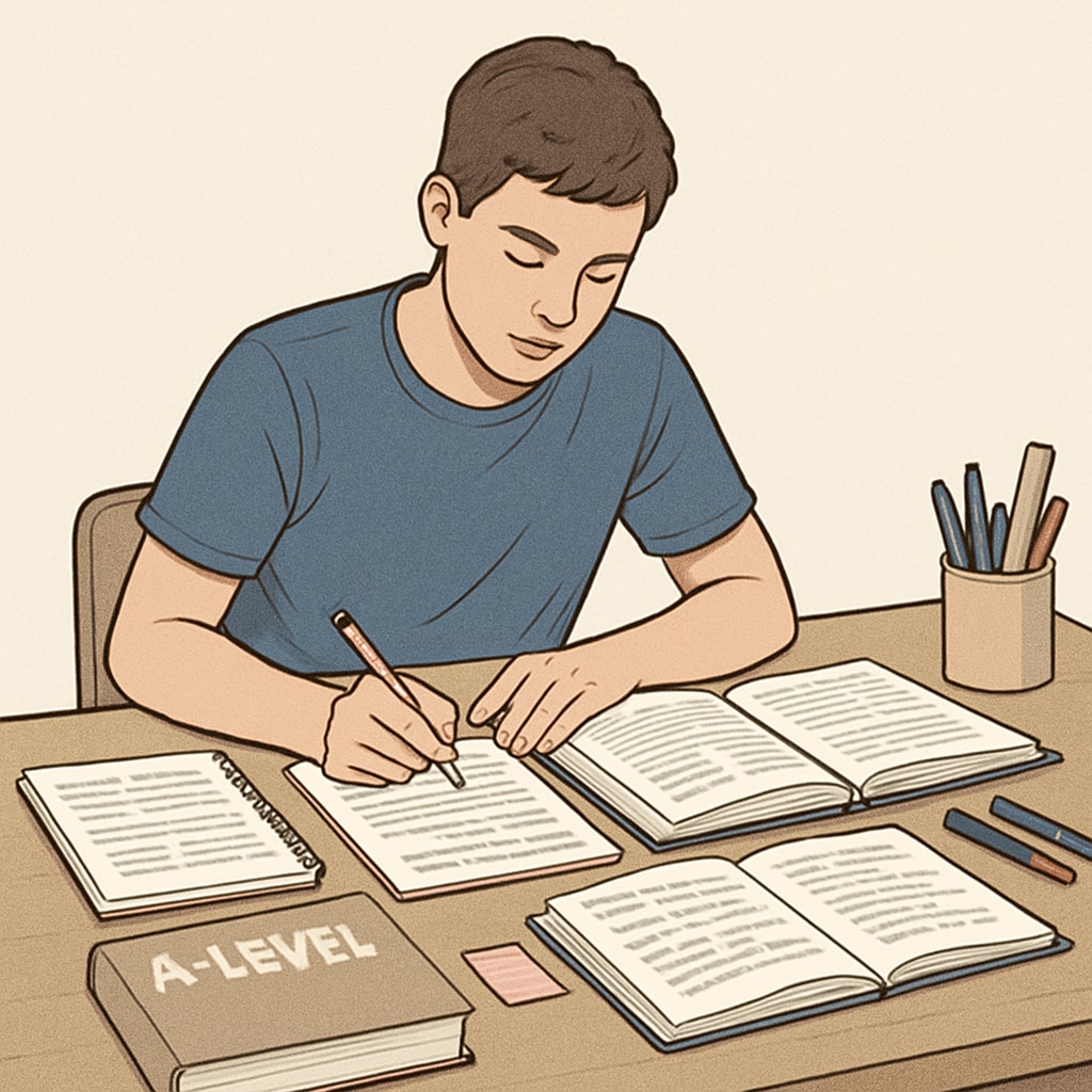 Student preparing for A-Level exams with textbooks and notes, symbolizing second chances.