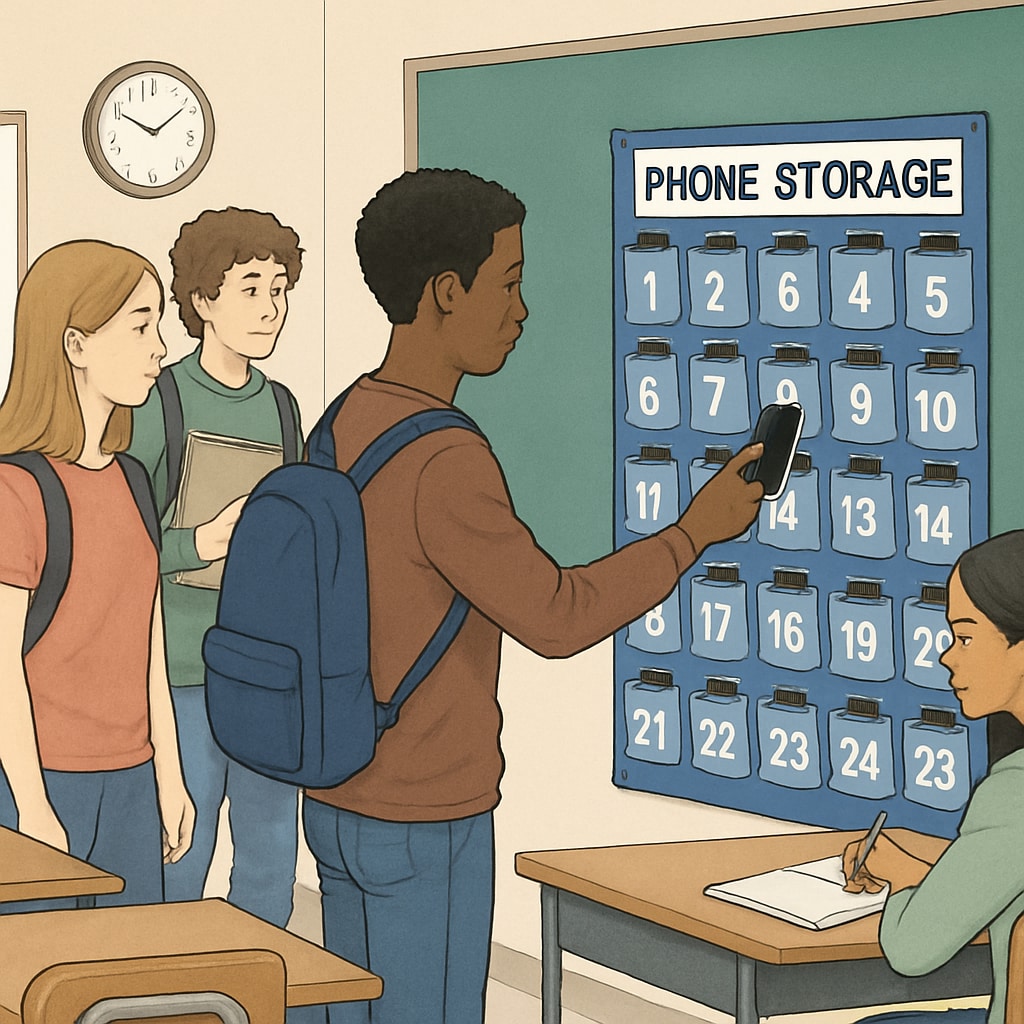 Students in a classroom storing their mobile phones as part of a mobile phone ban policy.