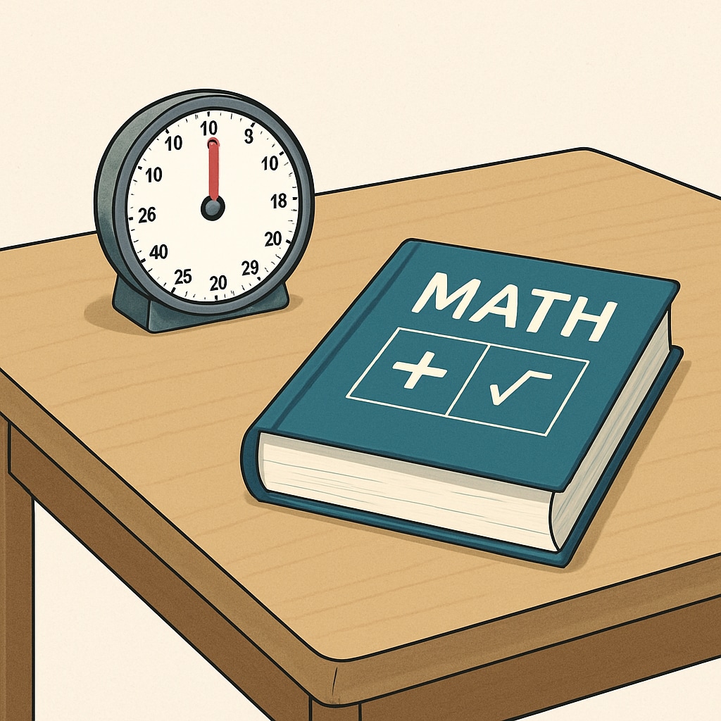Timer and math textbook representing time pressure in exams.