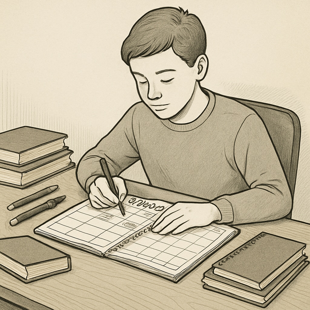 A student writing in a planner as an alternative to using a mobile phone for organization.