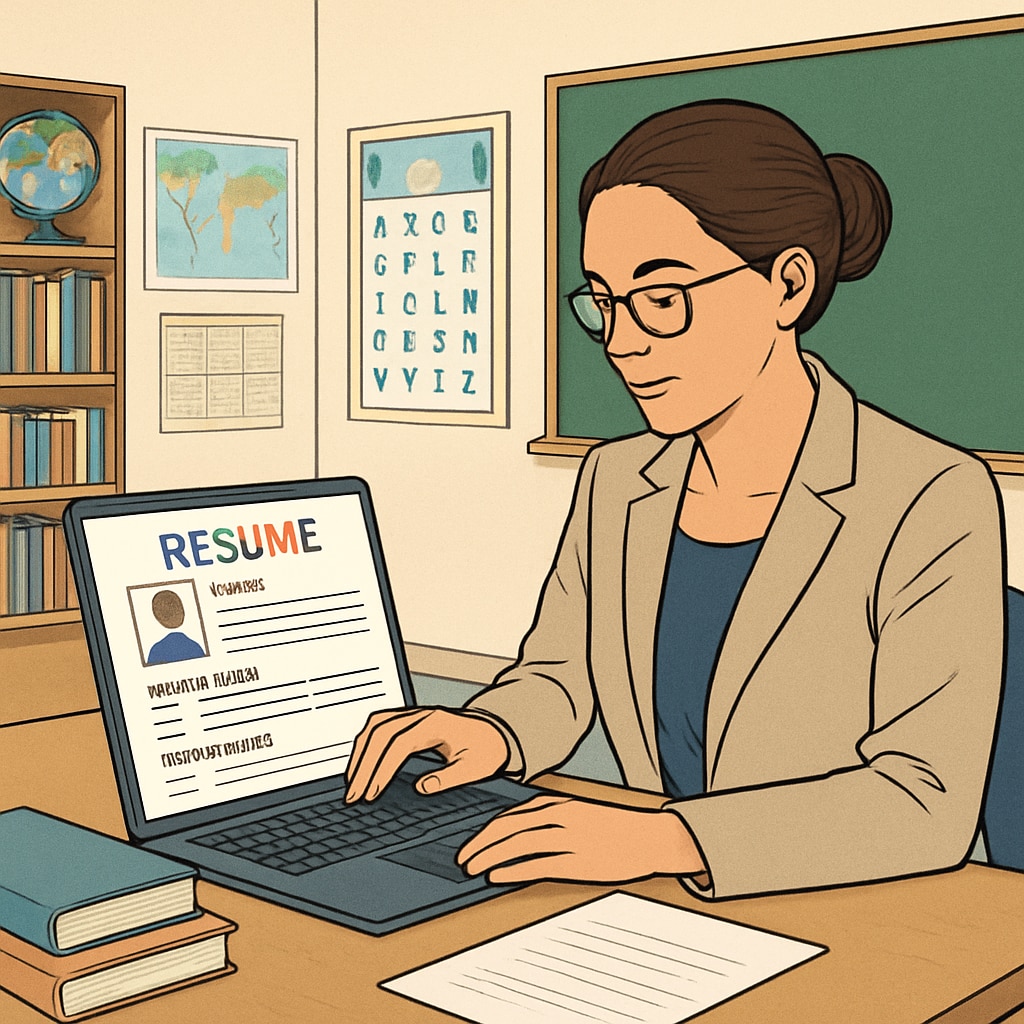 K12 teacher reviewing Canadian resume template in classroom