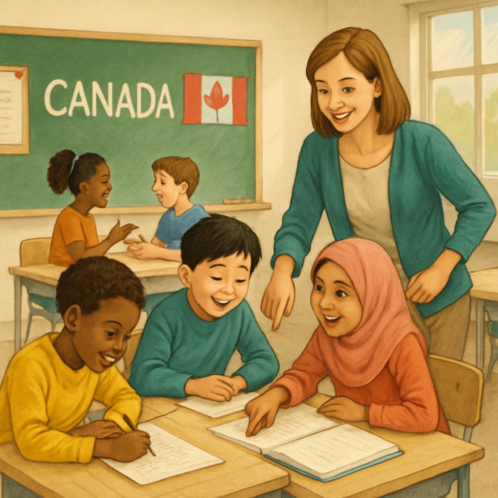 Canadian classroom with teacher leading group activities