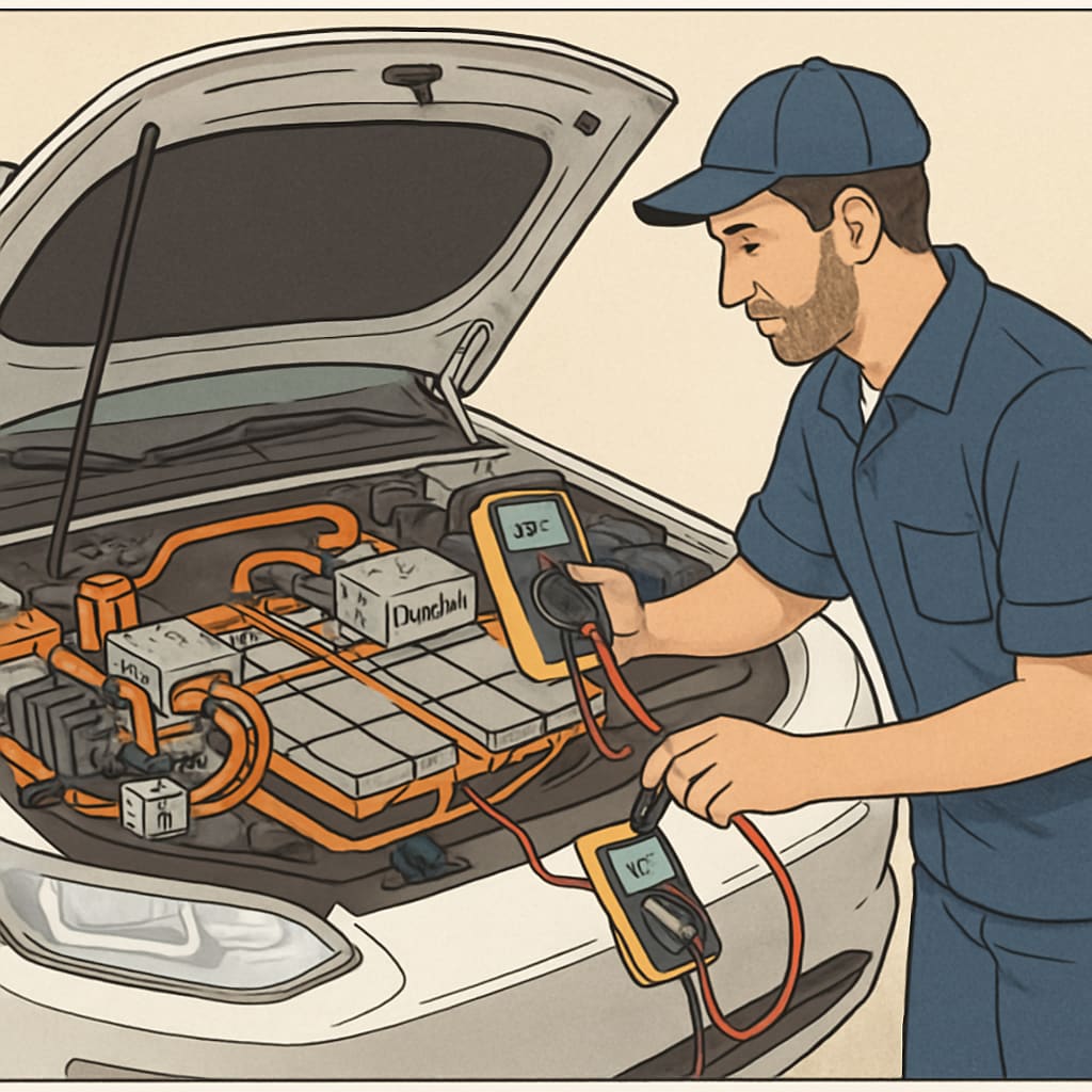 Automotive technician diagnosing electric vehicle battery system