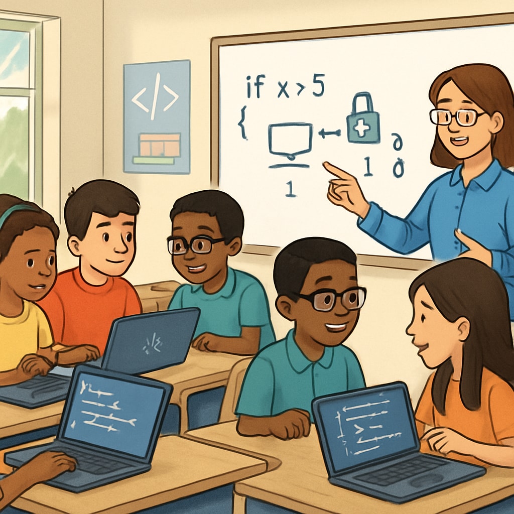 A group of diverse K12 students learning basic coding and cybersecurity principles in a classroom setting. K12 students learning coding and cybersecurity concepts.