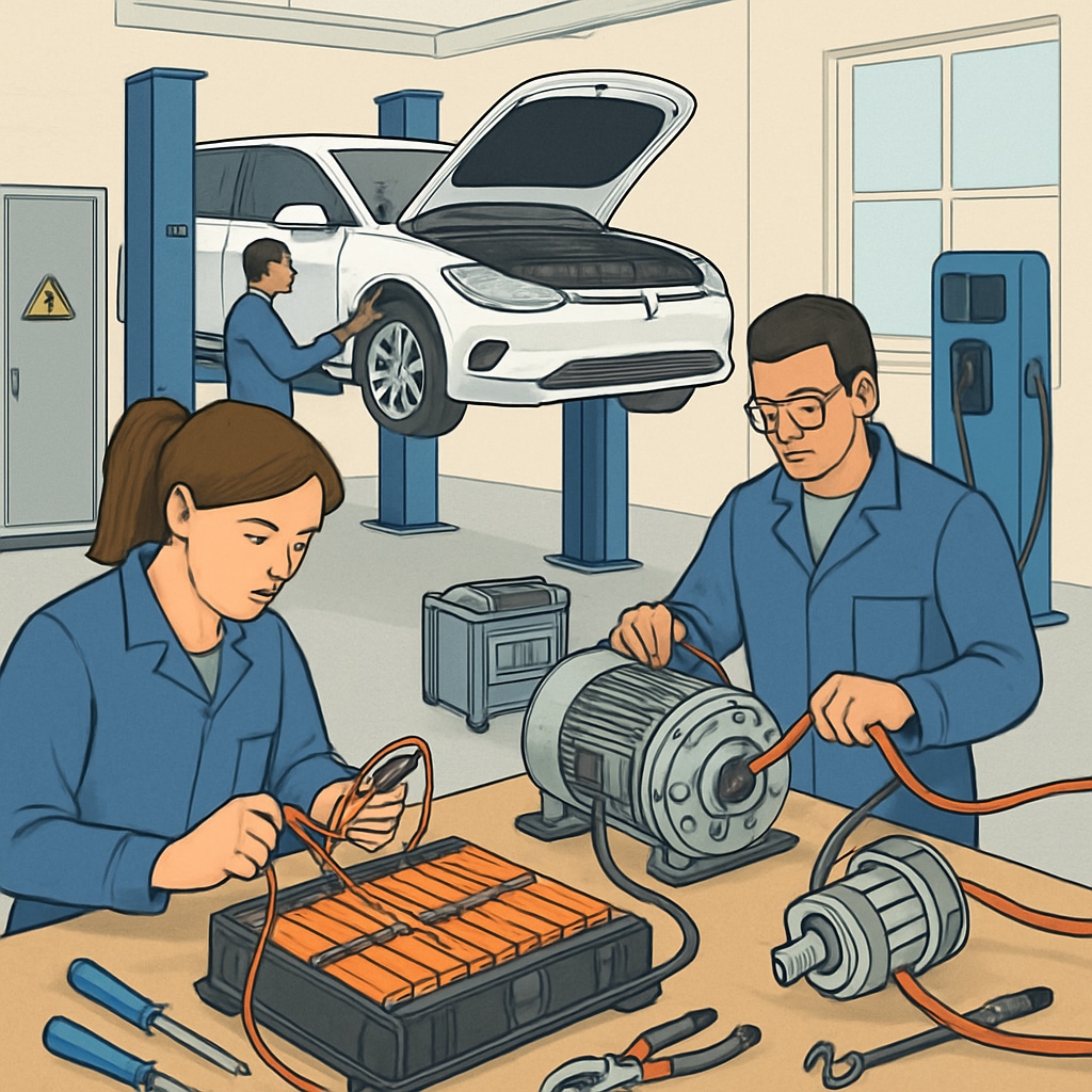 Technicians working on electric vehicle components in a workshop