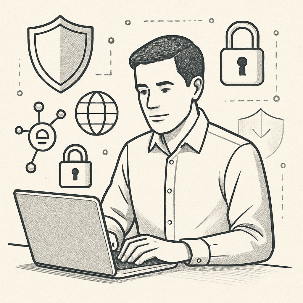 A cybersecurity professional working on a laptop, surrounded by digital defense icons. The image highlights the focus on technical skills in the field. A cybersecurity professional working on a laptop, aligned with cybersecurity careers and skills.