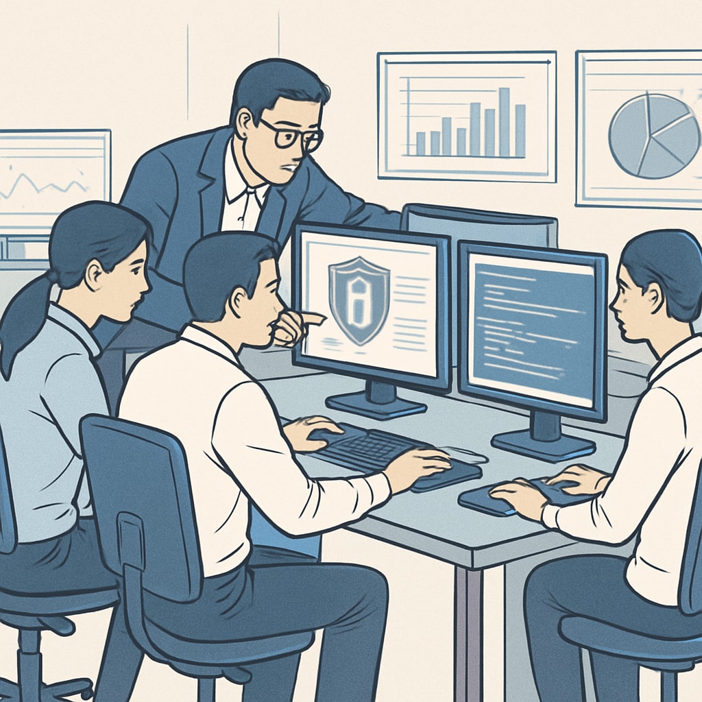 A professional environment showing cybersecurity experts analyzing data on multiple screens. Cybersecurity experts analyzing data in a professional setting.