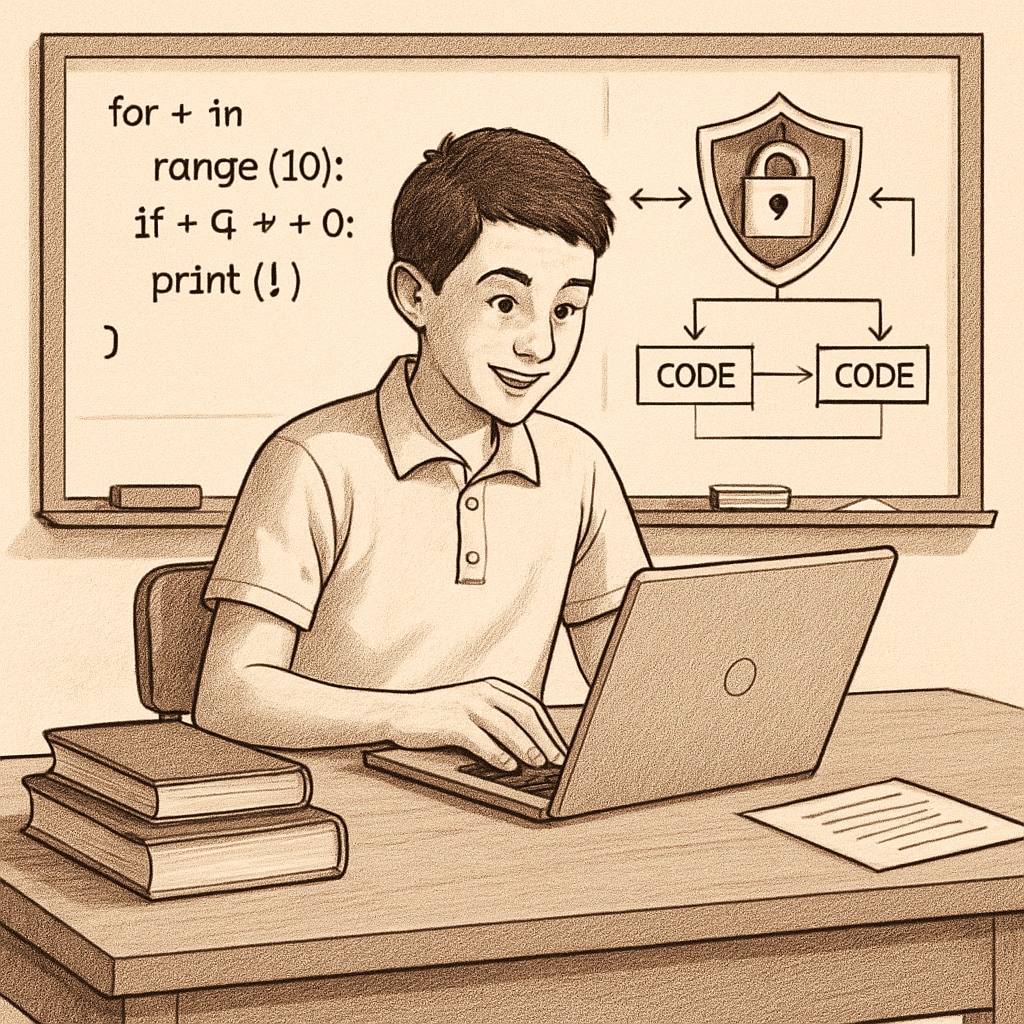 A high school student participating in a coding workshop, showcasing young talent in cybersecurity. The image emphasizes early career planning. A high school student engaging in a coding workshop, suitable for cybersecurity career planning.