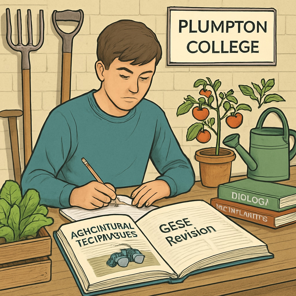 Plumpton College student balancing coursework and GCSE exam preparation.