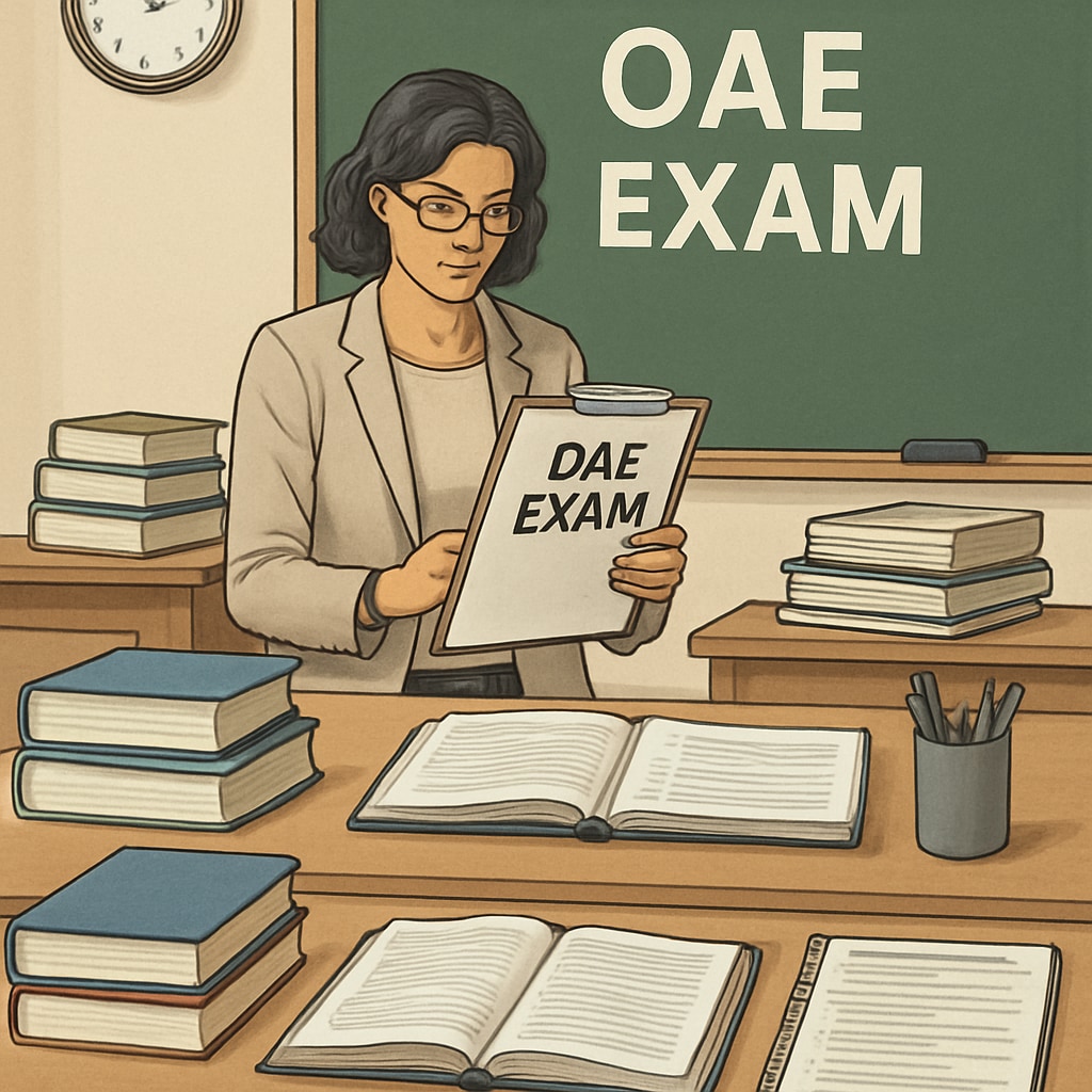 OAE exam preparation scene with teacher and study materials.