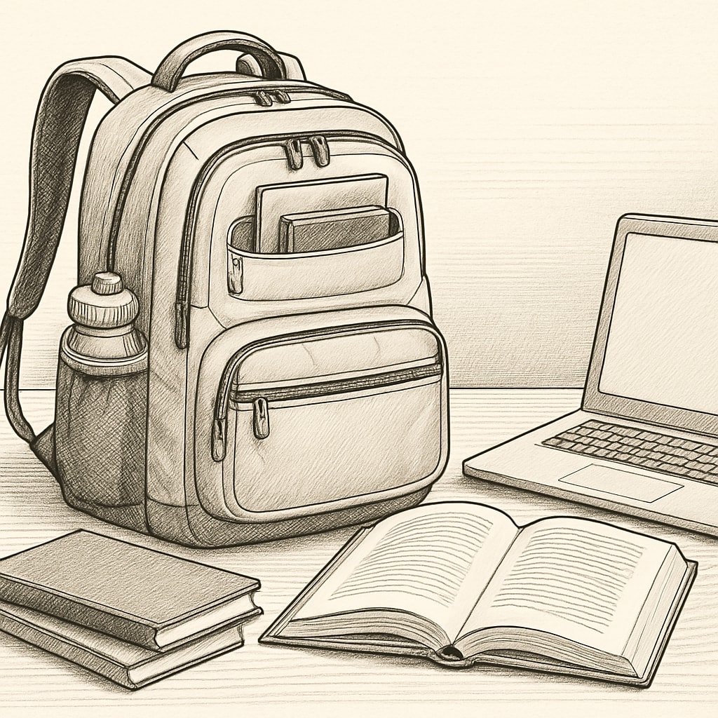 A versatile university backpack with multiple compartments ideal for students, placed on a study desk with textbooks and a laptop. Multi-compartment university backpack for practical student use