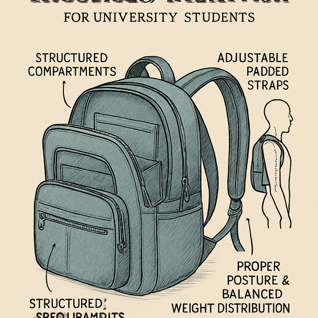 An ergonomic backpack designed for university students, promoting proper posture and weight distribution. Ergonomic university backpack for healthy posture