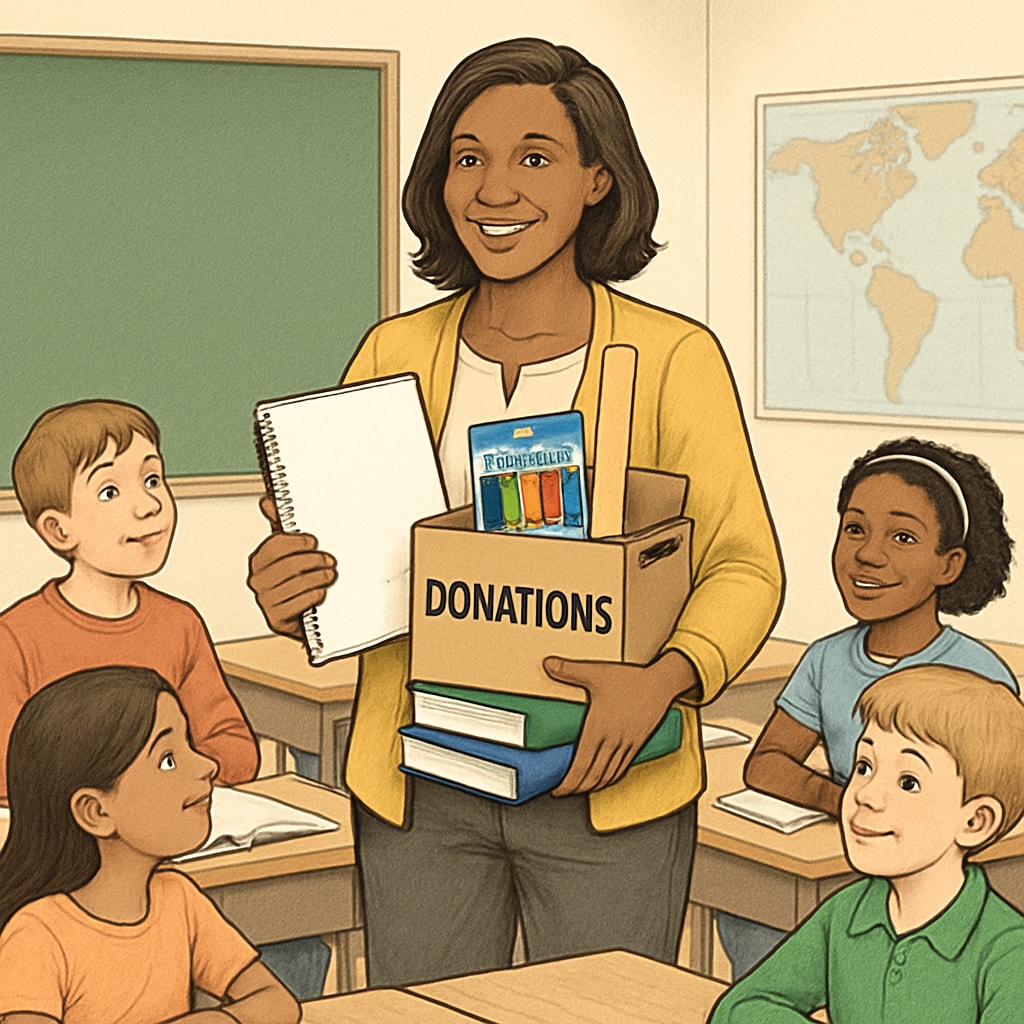 A teacher holding classroom supplies, surrounded by students, symbolizing the impact of donations on education. Teacher holding classroom supplies to illustrate the benefits of classroom donations.