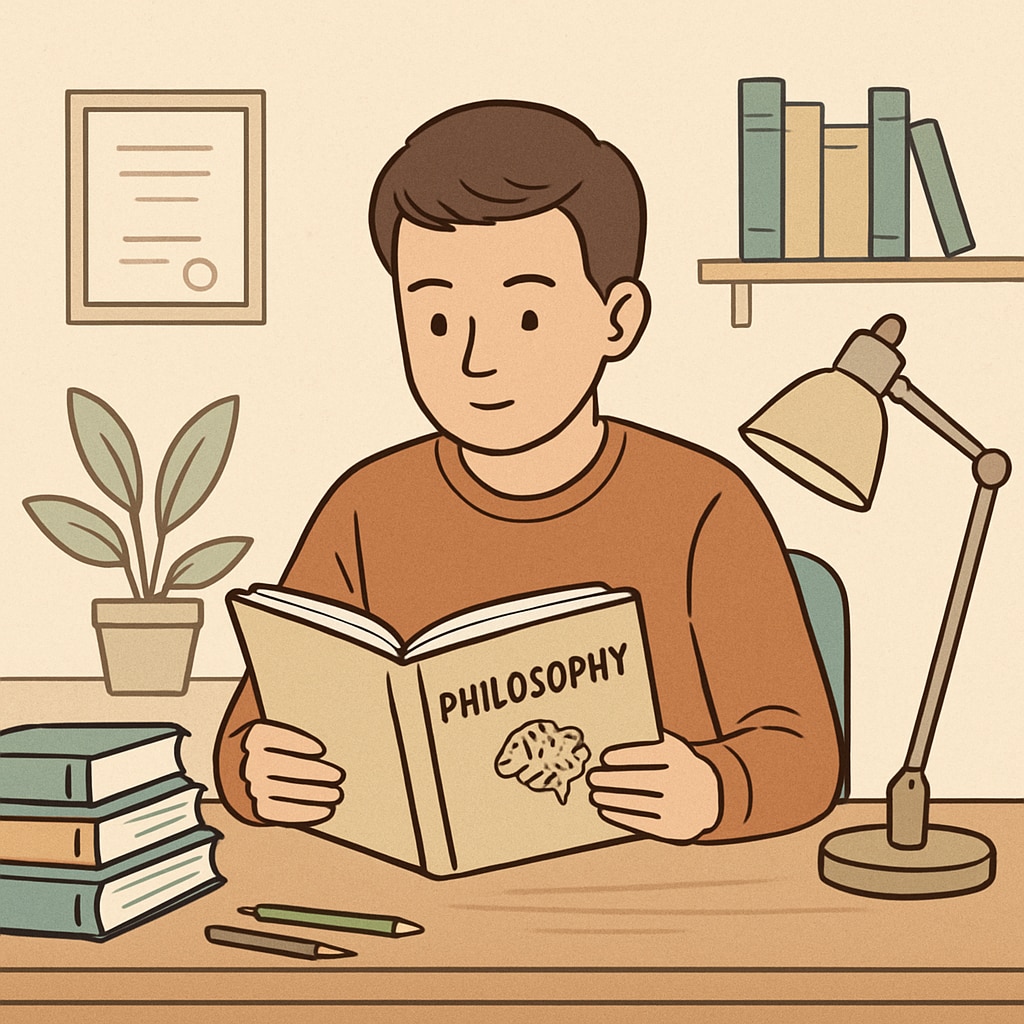 A young student reading a philosophy book at home, symbolizing self-learning in psychology and philosophy. Self-learning in psychology and philosophy for K12 students.