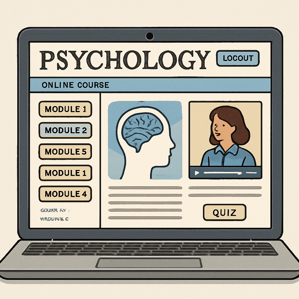 A laptop screen showing an online psychology course interface, emphasizing interactive learning. Online psychology course interface for self-learning.