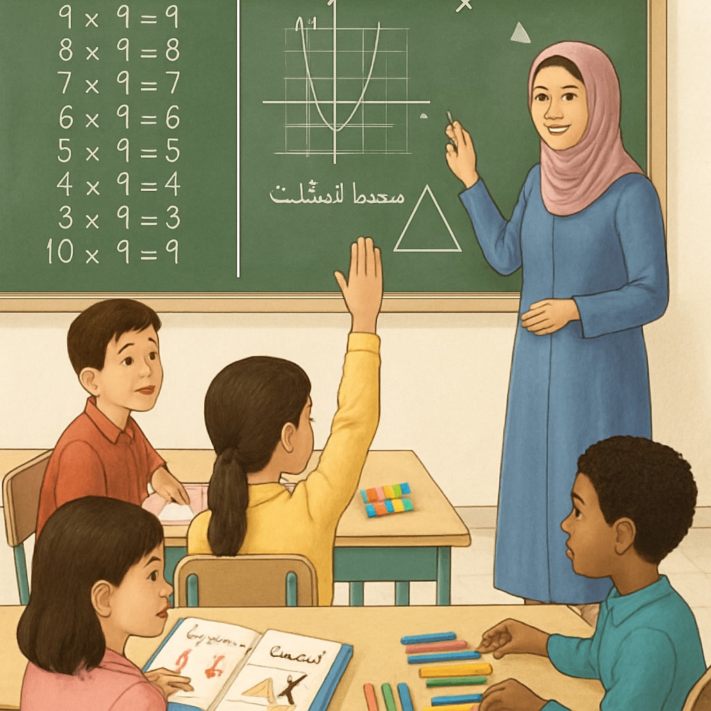 High school students engaging with Arabic-language math resources in a classroom.