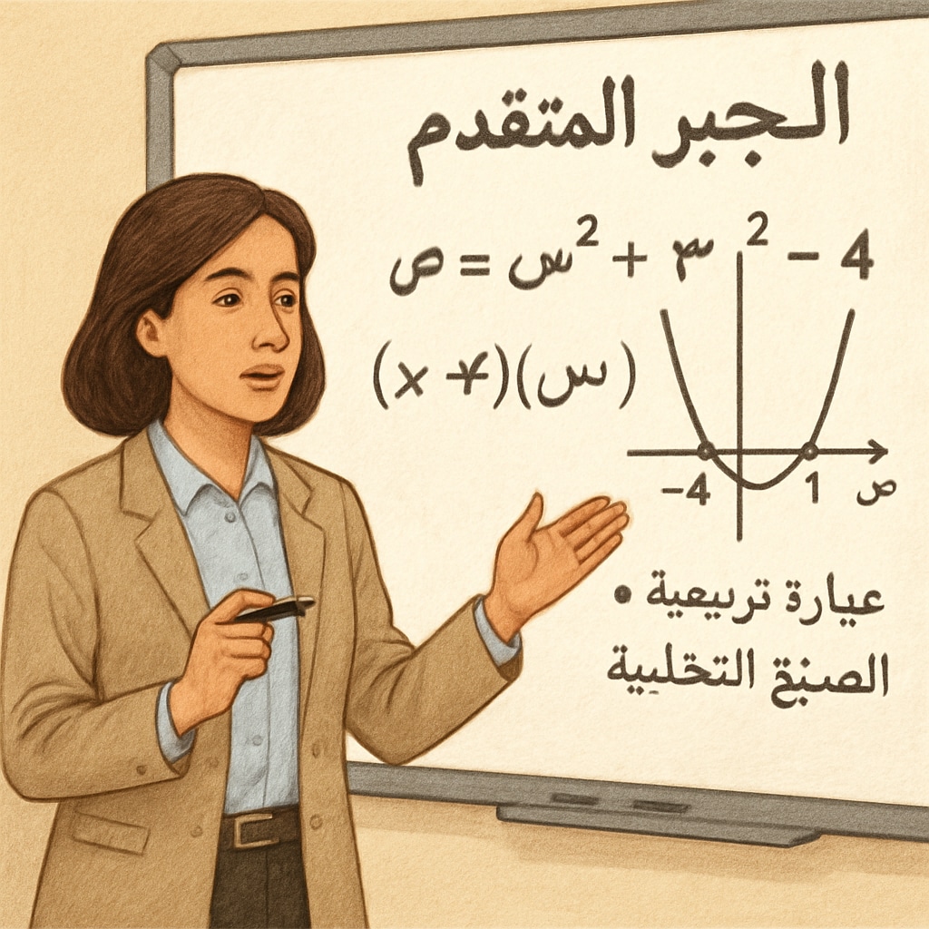 A teacher using Arabic-language tools to teach advanced algebra in a classroom.