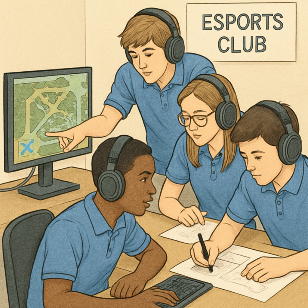 Esports club members planning strategies, showcasing teamwork and educational benefits.