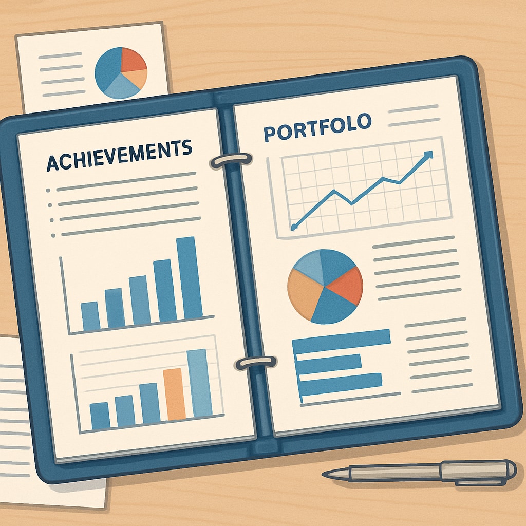 Professional portfolio with documents and teaching materials on a desk.