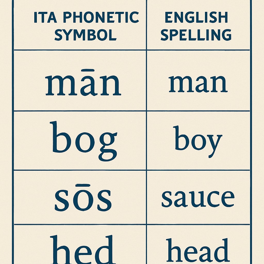Chart comparing ITA phonetic symbols and traditional English spelling
