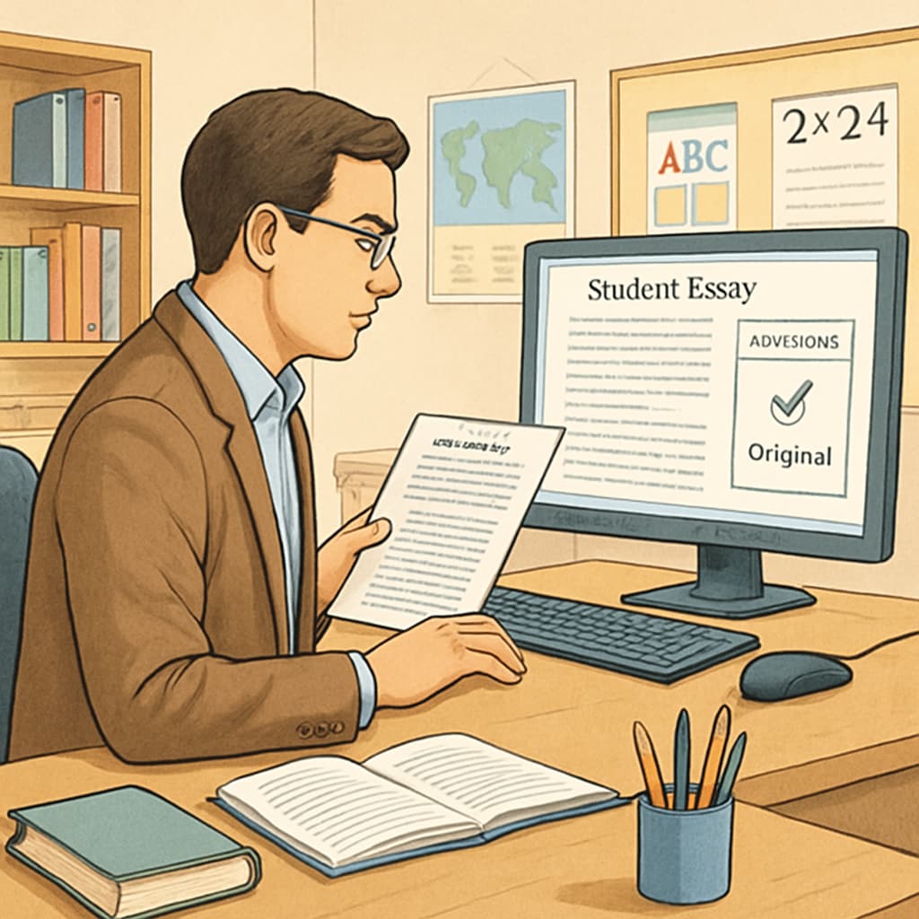Educator analyzing student assignments using AI detection software to maintain academic standards.