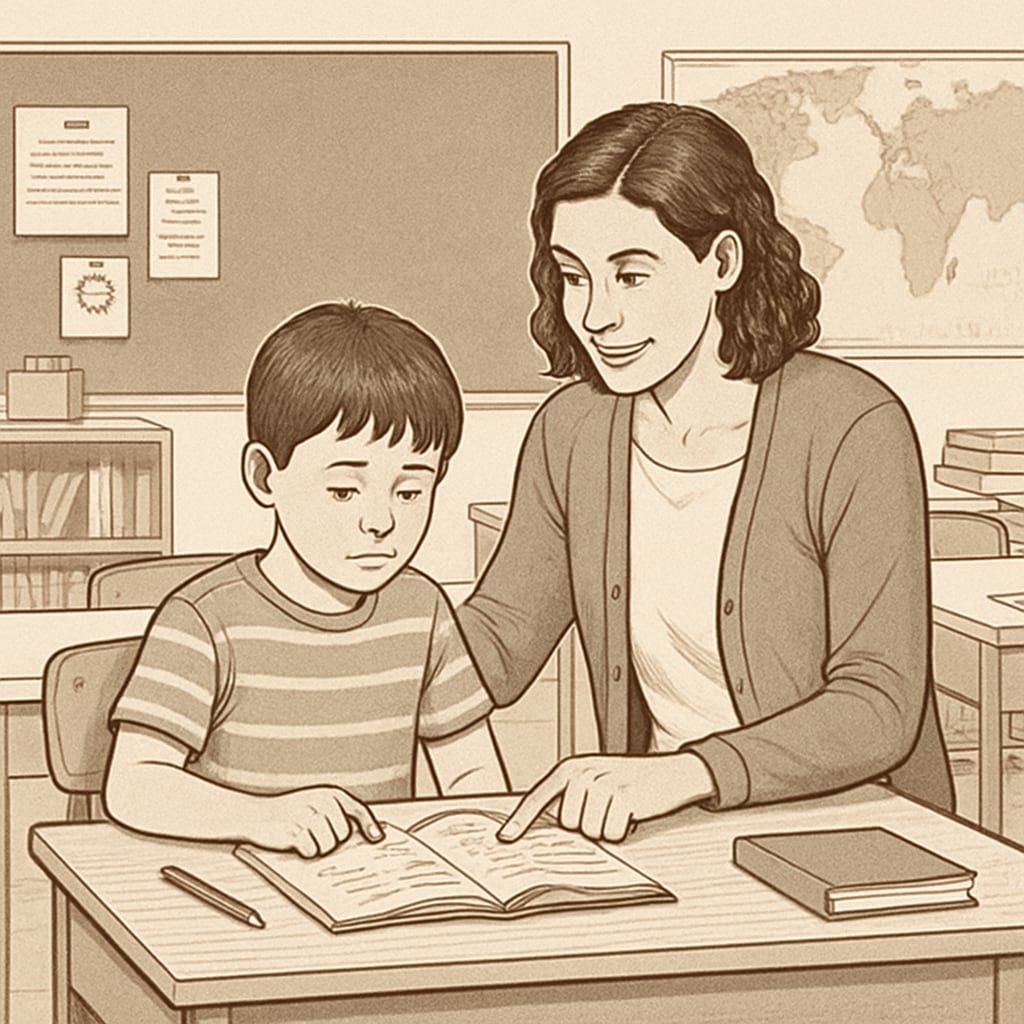 Special education teacher assistant helping a child with autism.
