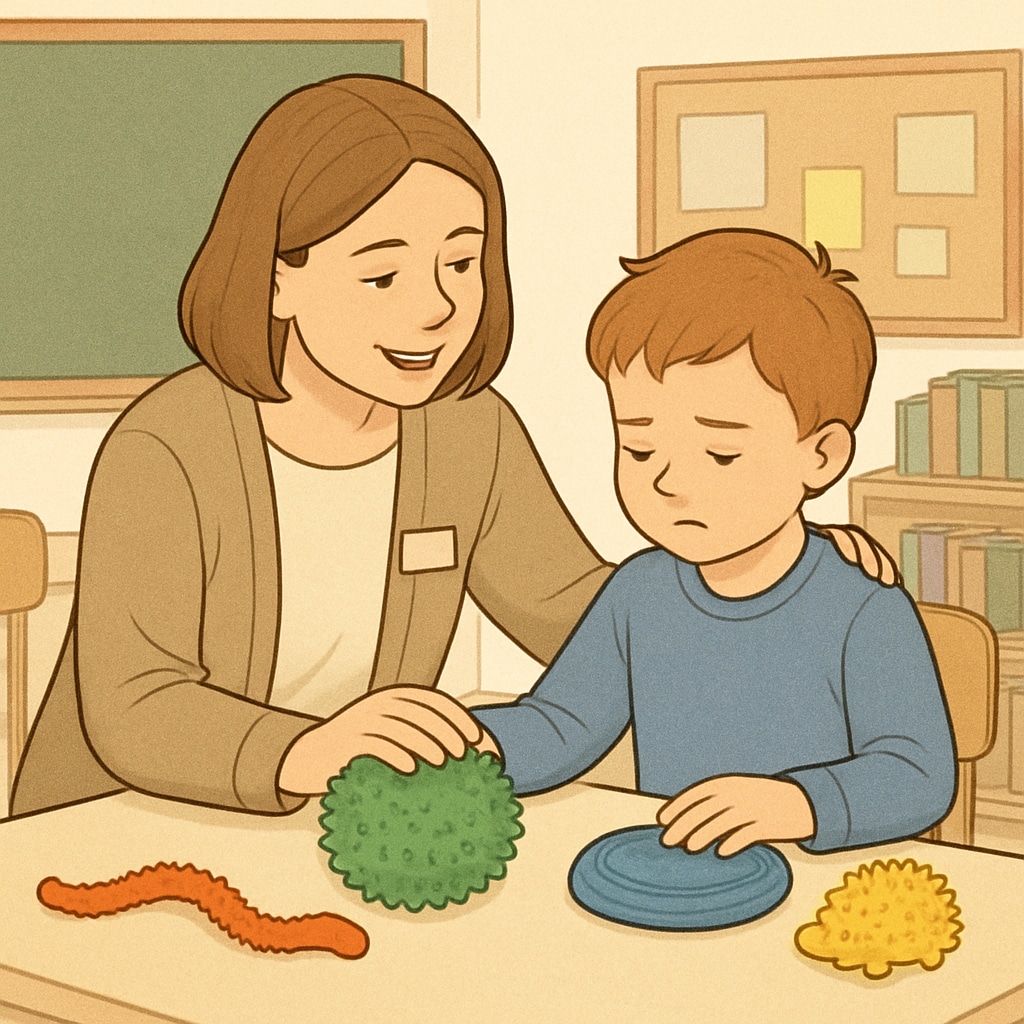 Teacher assistant supporting a child with autism in a sensory-based activity.