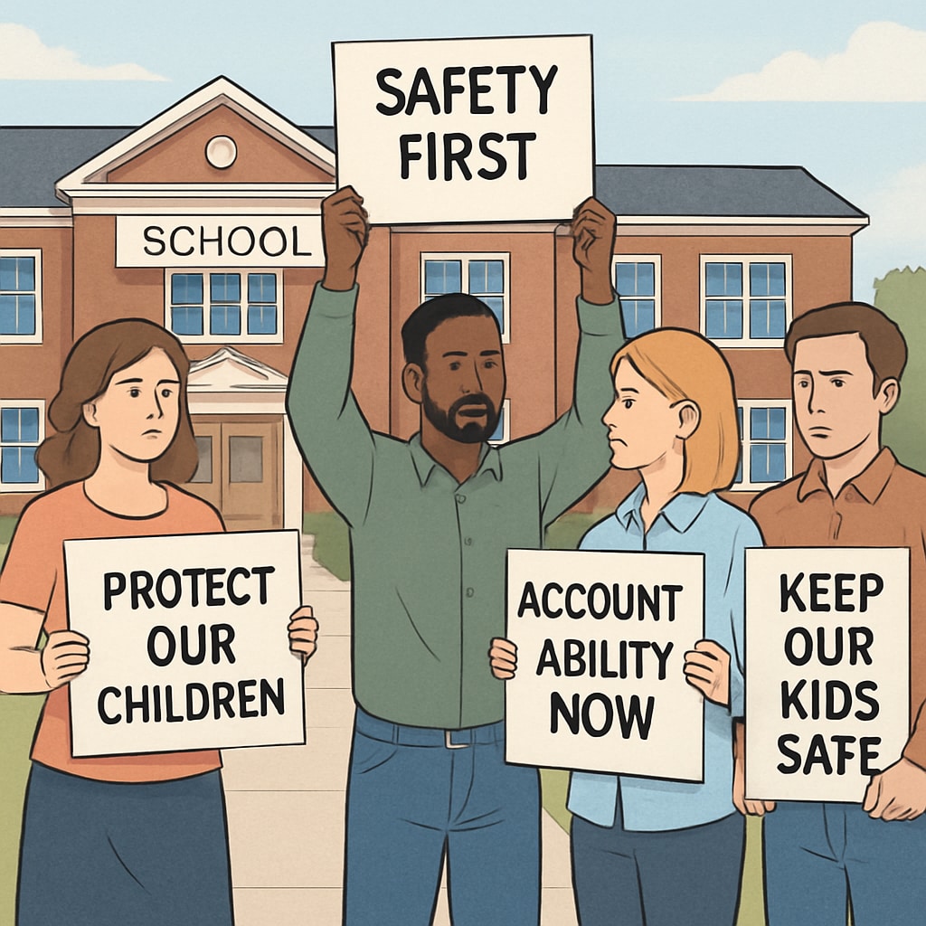 Parents protesting outside a school about child safety concerns.
